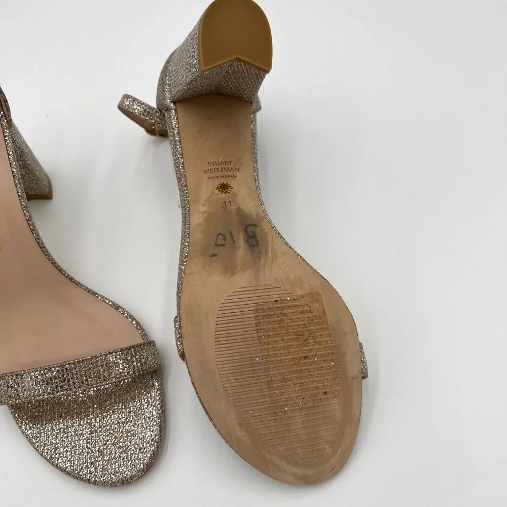 Stuart Weitzman NearlyNude Platinum Silver Glitter Sandals Heels Size 11 Heeled